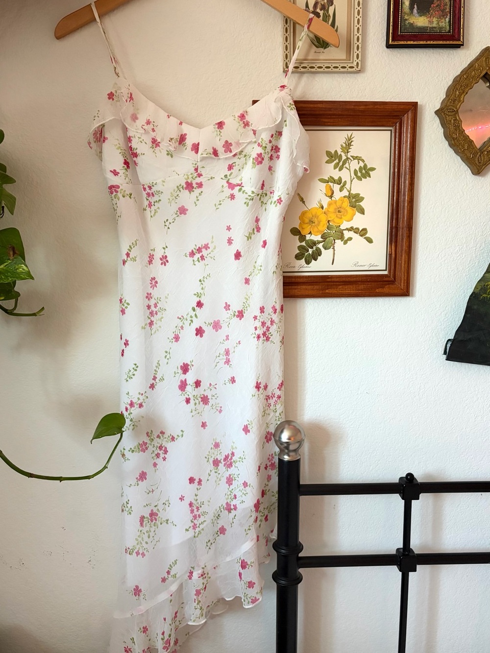 Y2K Coquette City Triangles White Slip Dress with Pink Floral Print - Size 7
